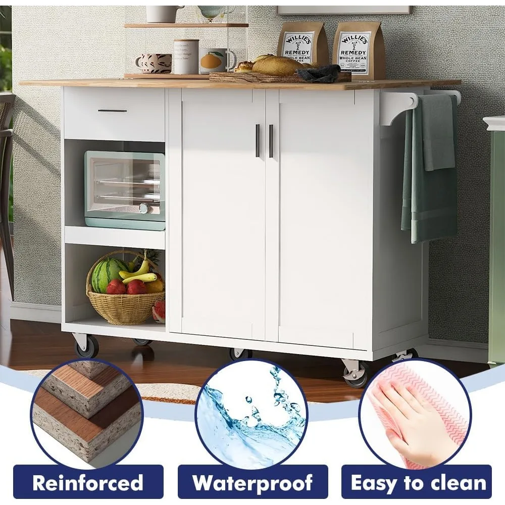 Rolling Kitchen Island on Wheels with Storage Cabinet and Drawers, Kitchen Cart with Slide-Out Leaf, Island Table