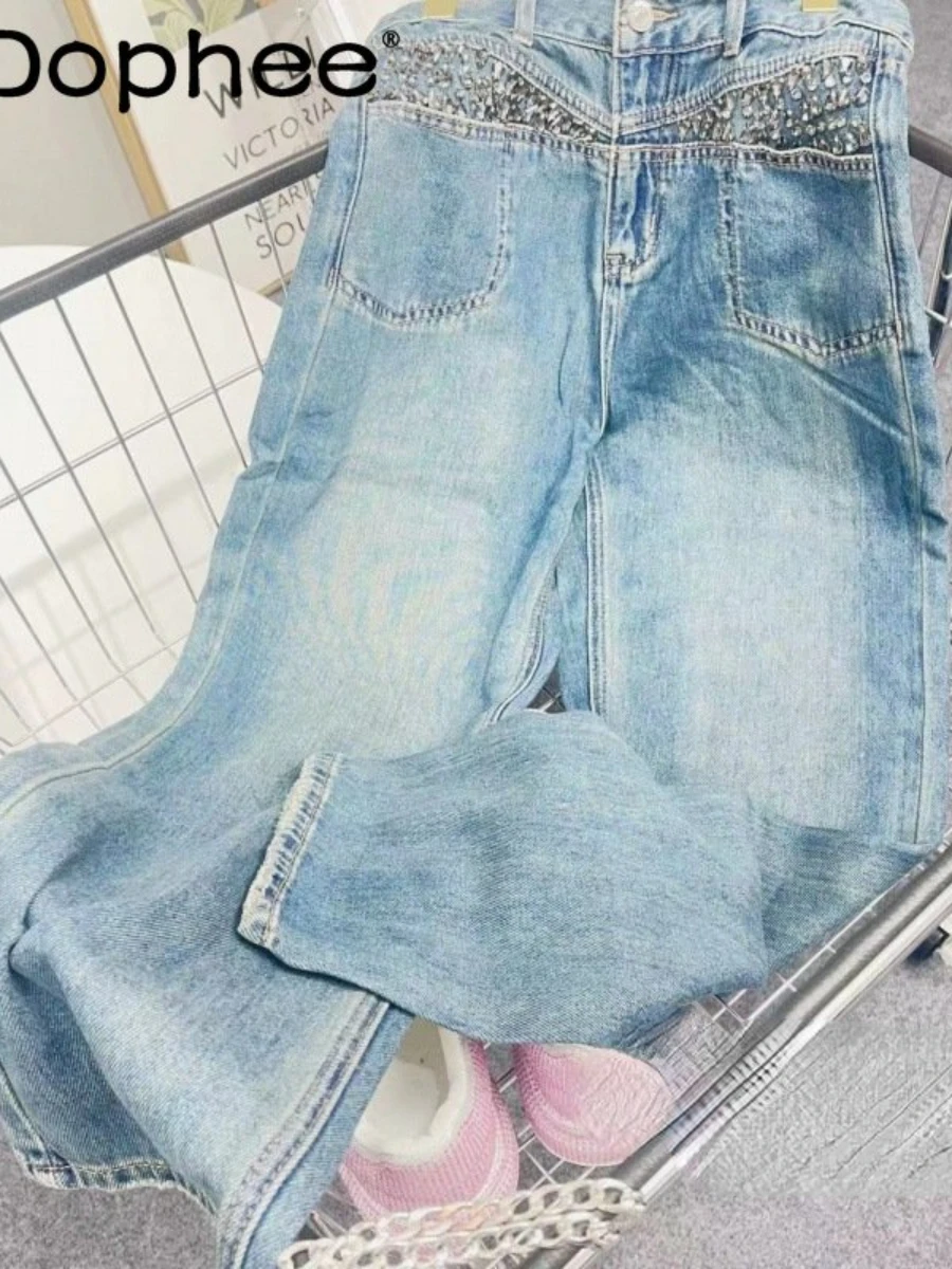 Street Exquisite Rhinestone High Waist Jeans Women Spring Summer Loose Slimming High Quality Loose Straight Pant Mop Trousers hip hop high waist slimming denim pants women spring autumn new hot rhinestone gradient color trousers baggy pants pantalones