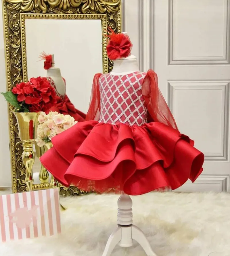 

Cute Red Satin Baby Girl Dress Puffy Handmade Flower Girl Dress with Long Sleeve Tutu Kids Gift for Birthday