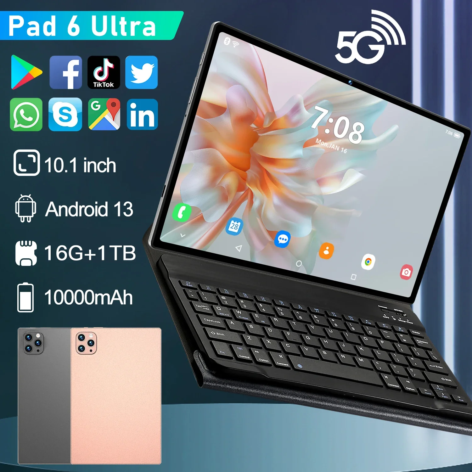 오리지널 태블릿 패드 6 울트라 10.1 인치 HD 태블릿 5G, 16GB + 1TB 대용량 메모리, 안드로이드 태블릿, 구글 플레이, 10000mAh 배터리, 신제품