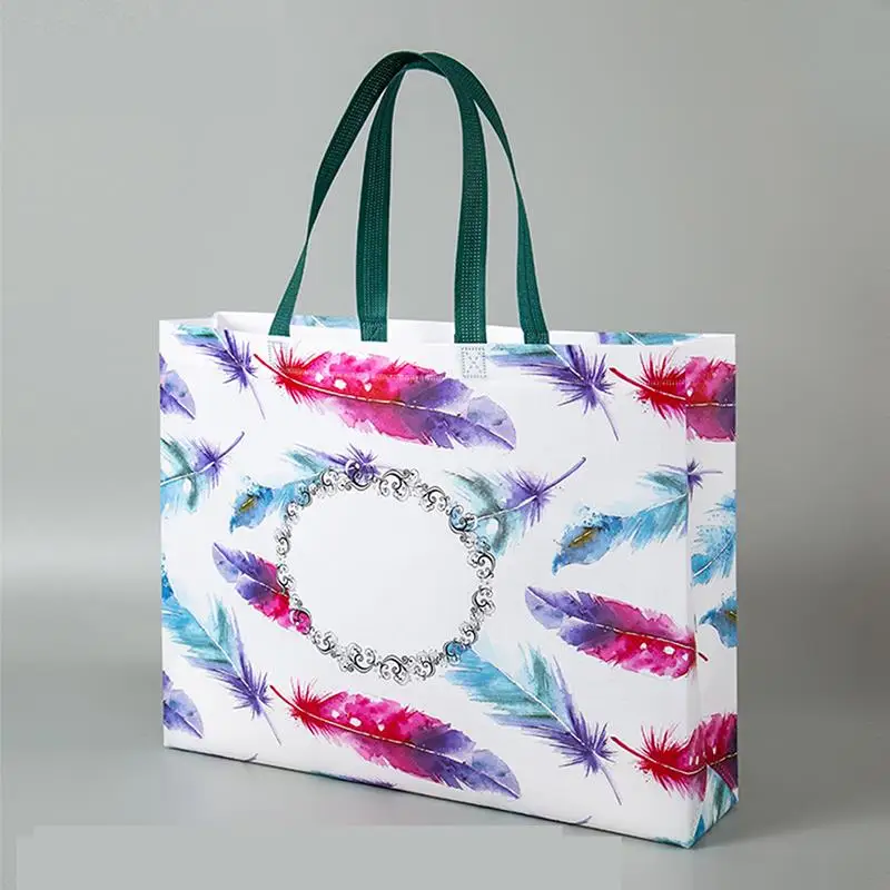 Reusable Bag Shopping Bag Shopping Pouch Non-woven Fabric Storage Folding Bag Feather Printing Waterproof Traval Bag Grocery Bag 2