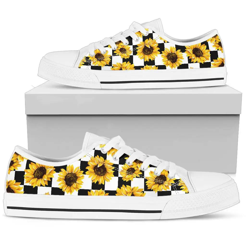 

BKQU Checkboard Sunflower Prints Black White Women Summer Casual Sneakers Lace up Canvas Vulcanized Flat Shoes zapatillas mujer