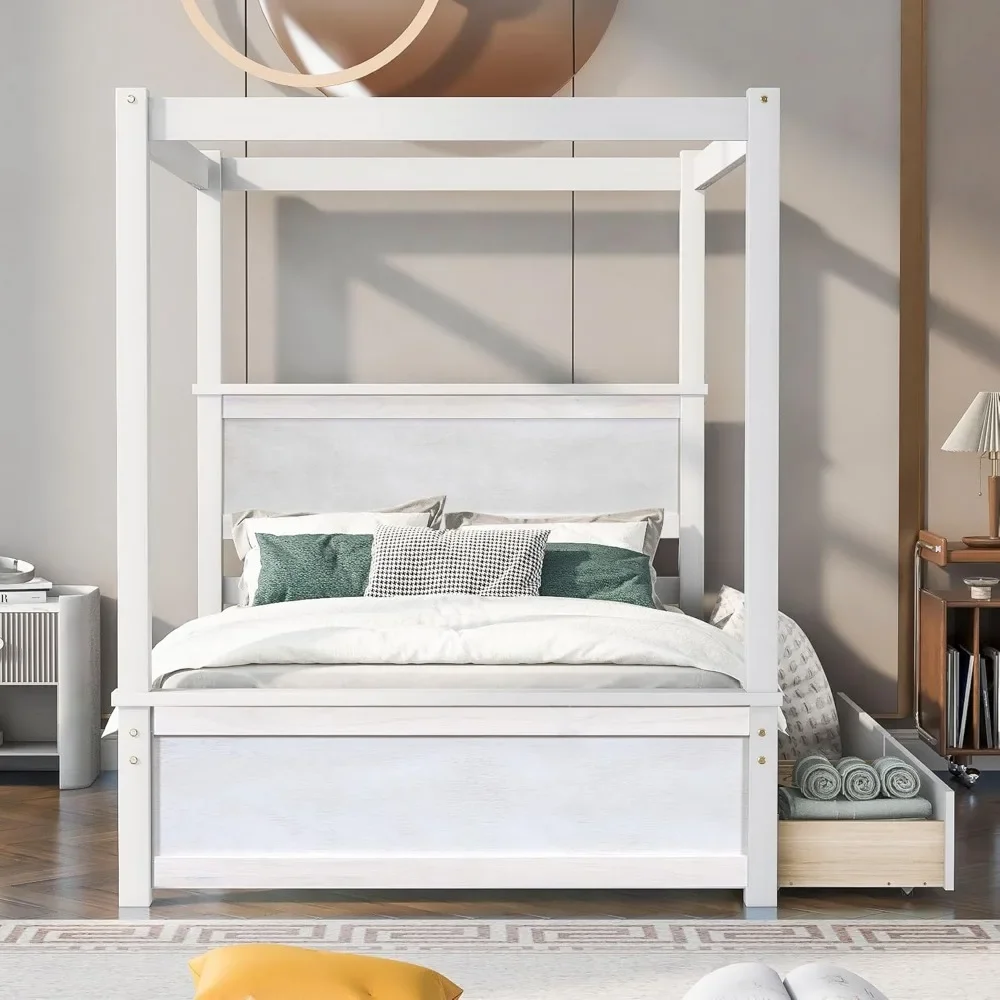 Full Size Canopy Bed Frame with 2 Drawers,Wooden Canopy Bed with Storage,Four Post Bed with Headboard for Kids Girls Boys 3