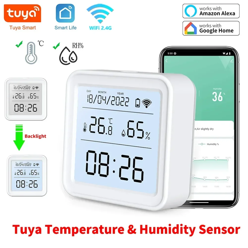 Tuya WIFI Smart Temperature Humidity Sensor Hygrometer Thermometer Backlight Support Alexa Google Assistant Smart Life smart temperature humidity sensor