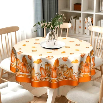 Round Fall Tablecloth Pumpkin Sunflower Maple Leaf Polyester Thanksgiving Autumn Celebration Festive Table Decor Vibrant Pattern Quality Weave Durable Machine Washable Home Dining Table Cover Indoor Outdoor Use Seasonal Decoration 1