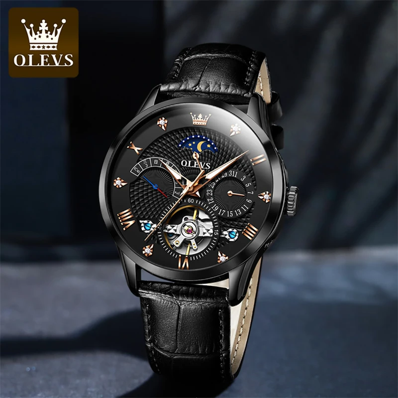 OLEVS Brand New Luxury Tourbillon Mechanical Watch for Men Sport Waterproof Moon Phase Multifunction Fashion Mens Watches