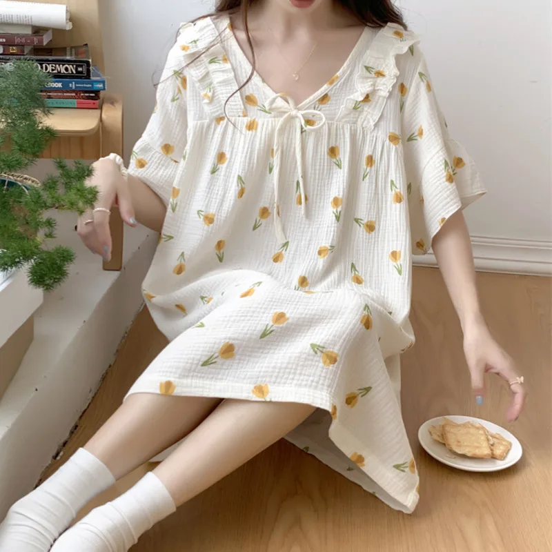 

Summer Nightdress Women Cotton Short Sleeve Sleepdress for Women Cute Sweet Nightgowns Sleepwear Nightwear Home Dressing Outwear