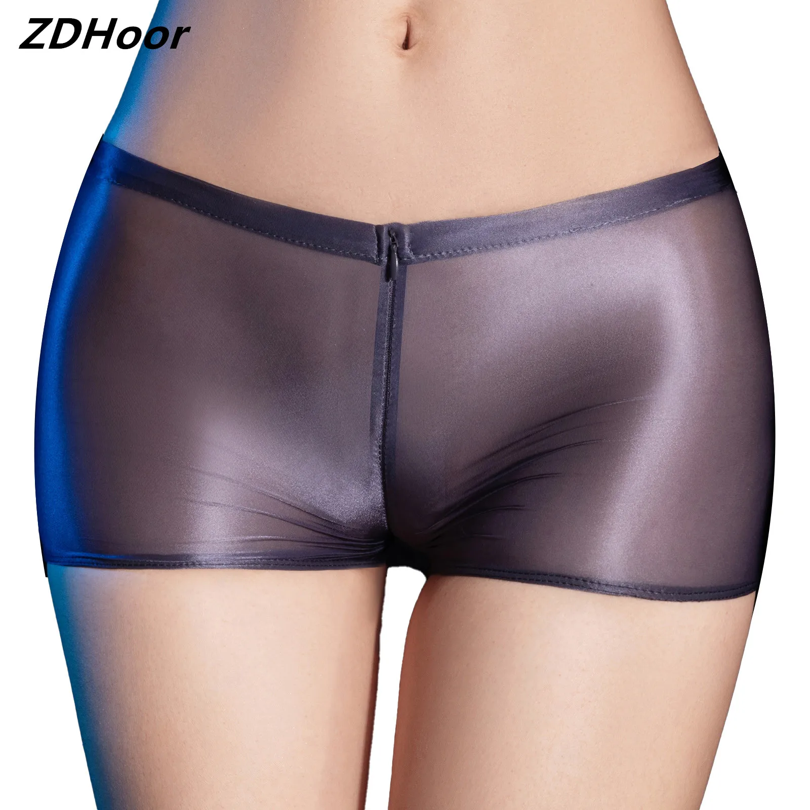 

Womens Glossy Zipper Crotch Boyshorts Low Rise See-Through Panties Underpants Lingerie Underwear