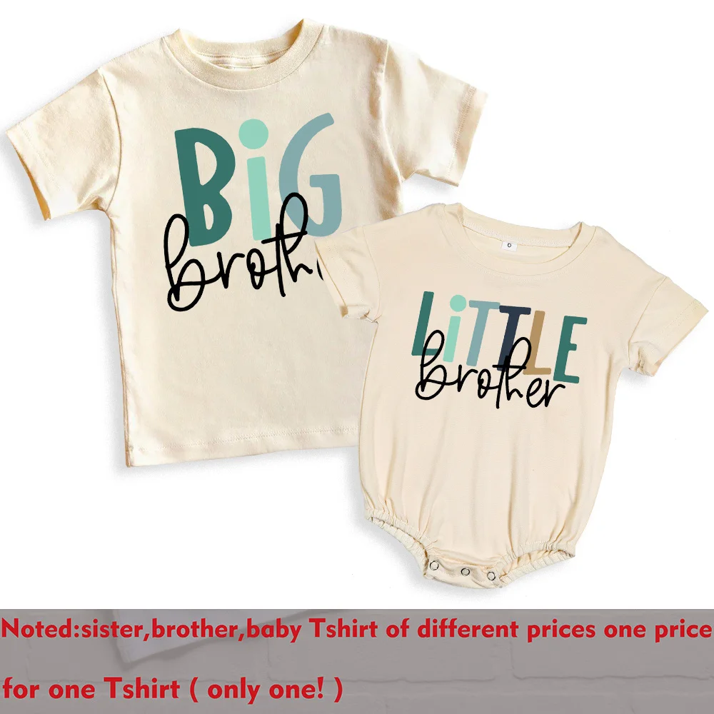 Big Brother Little Sister Print Family Matching Outfit Shirt Retro Sibling Tops Brother Sister T-shirt Baby Large Bubble Romper 3