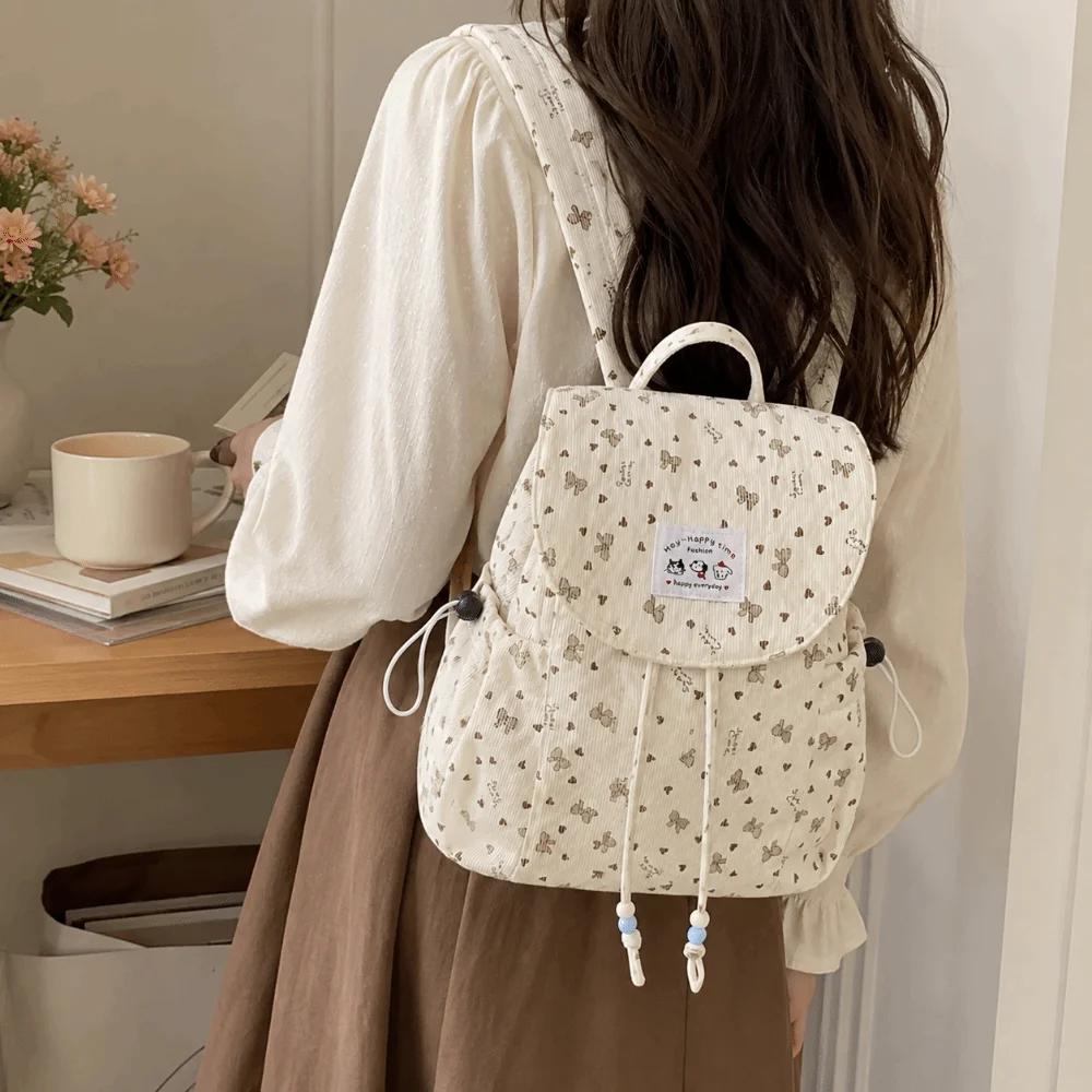 Zaino leggero in velluto a coste con stampa a fiocco, grande capacità, design semplice, con coulisse, borsa da giorno casual e versatile per viaggi brevi