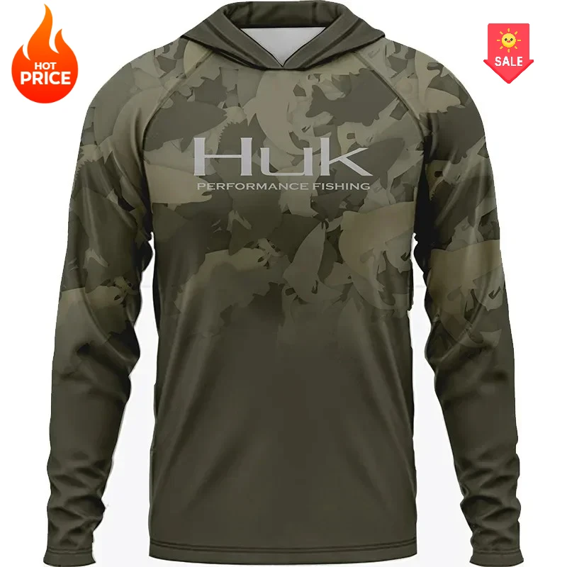 남성용 낚시 셔츠 의류 HUK 긴 소매 티셔츠 UPF 50 후드 자외선 차단 Uv 통기성 낚시 낚시복 재킷