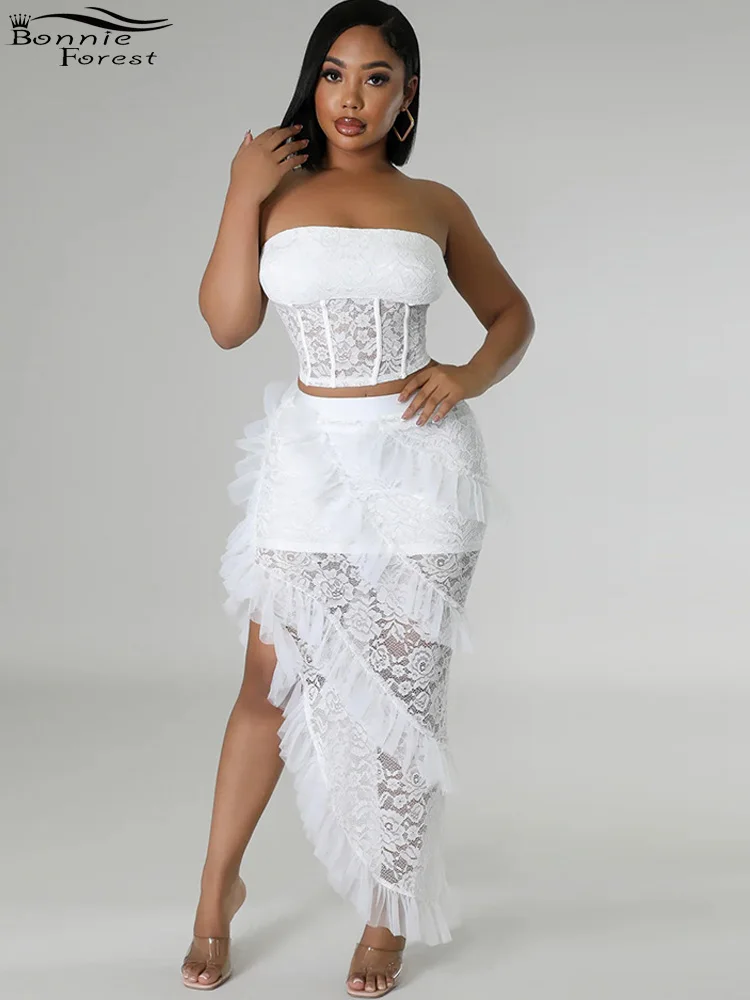 

Элегантный белый кружевной сетчатый Топ без бретелек Bonnie Forest и юбка с оборками Комплект из 2 предметов Праздничные наряды для отдыха Ночная Клубная одежда