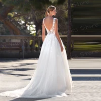 Charming Sexy V Neck A Line Women's Wedding Dresses Lace Appliques Customized Bride Gowns Sleeveless Backless Vestido De Noivas 2