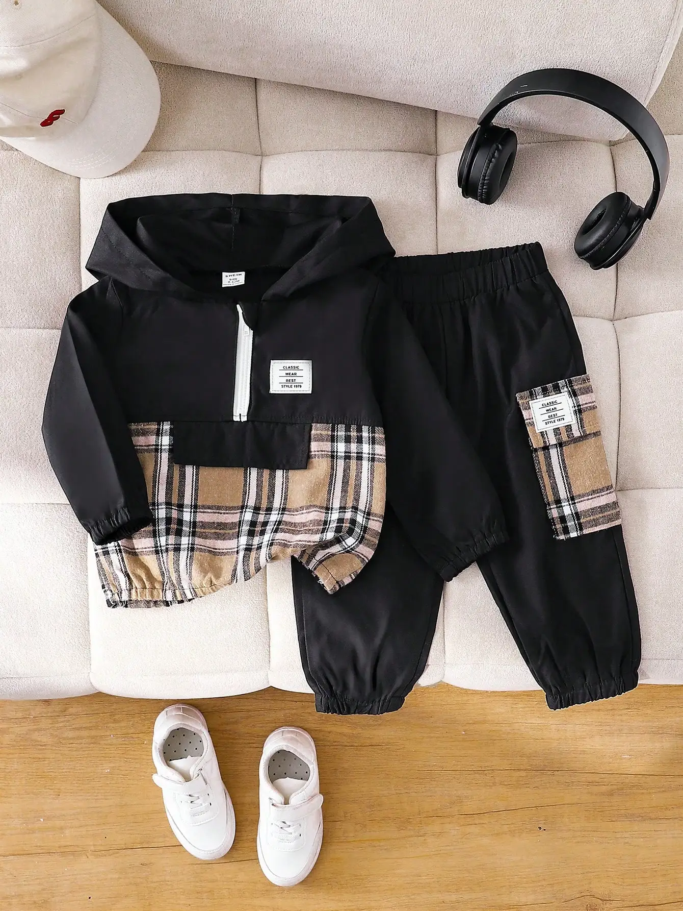 Hoodie Matching Color Long Sleeve Zipper Half Cardigan Top Elastic Waist Corset Foot Pocket Pants Handsome Boy Baby Black Suit