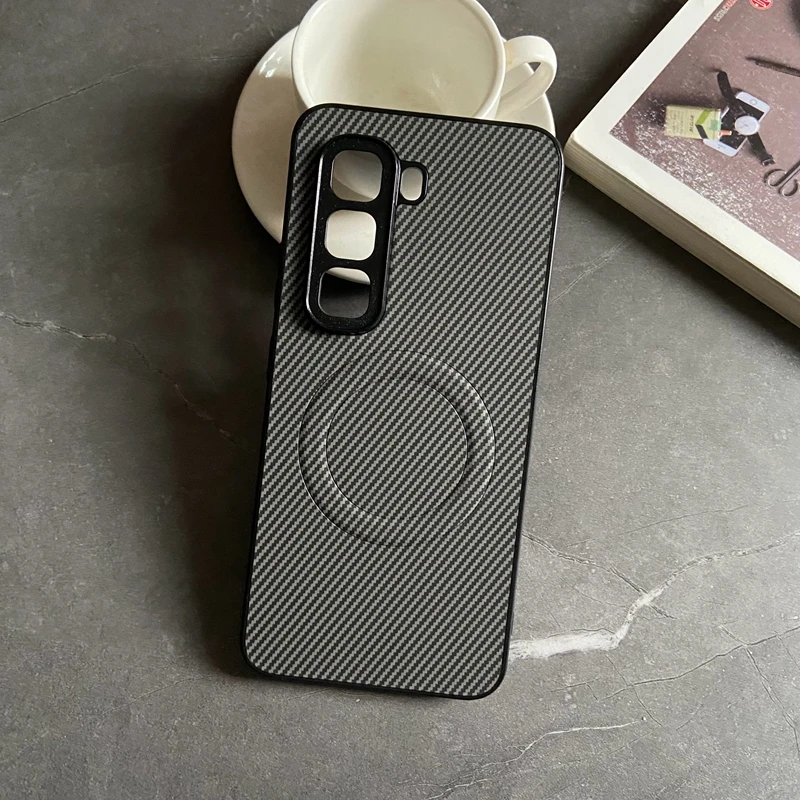Magnetic Carbon Fiber Textured PU Leather Phone Case with Mag-Safe and Full Camera Protection