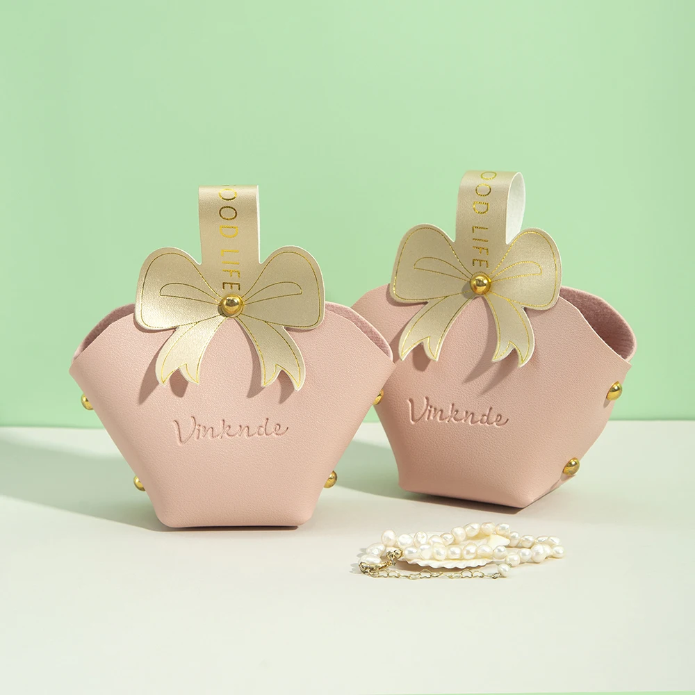 Jewelry Handbag Wedding Favors PU Leather Gift Bag for Guests Portable Candy Packaging Mini Box With Bowknot Basket Party Supply