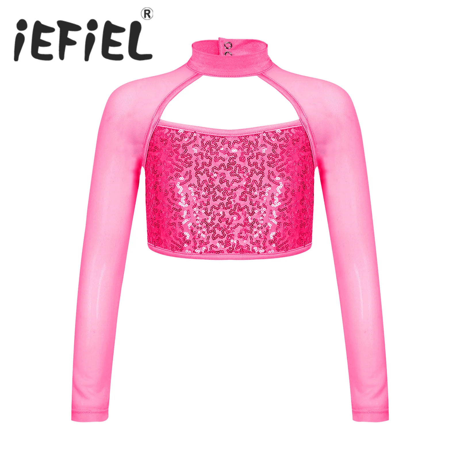 

Детские танцевальные укороченные топы с блестками для девочек, топы с длинным рукавом и воротником хомутом для современных латинских джазовых танцев, костюм для выступлений