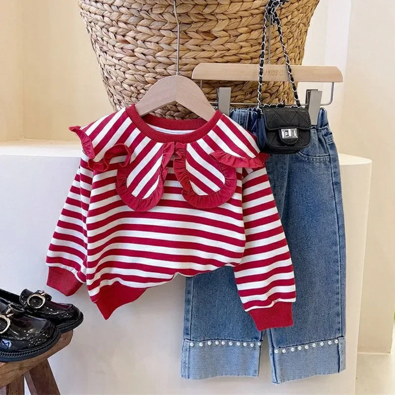 

2023 Girls' Clothing Sets For Spring and Autumn Striped Doll Collar Top Sweater+ Beaded Jeans Children Set Fashion Kids Outfit