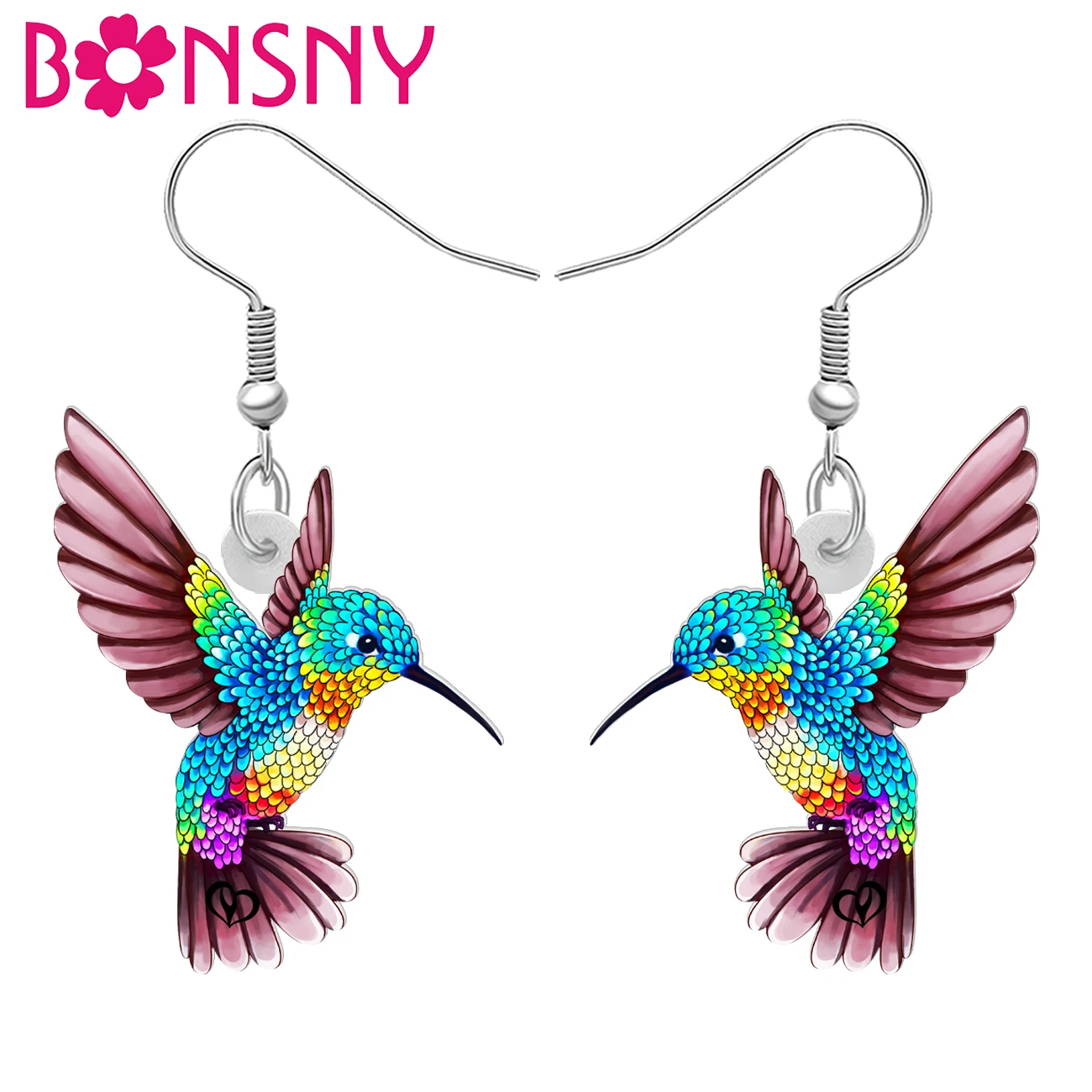 BONSNY Novelty Acrylic Flying Hummingbird Drop Dangle Earrings Charm Spring Summer Bird Jewelry Gifts For Women Girls Friend