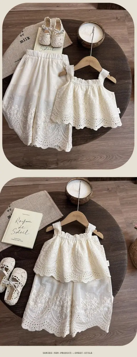 Description Picture 6 of itemGirls Summer Clothing Set Kids Knitted Hollow Lace Suit Girl Fashion Breathable Vest + Wide Leg Pants Outfits Children Sets