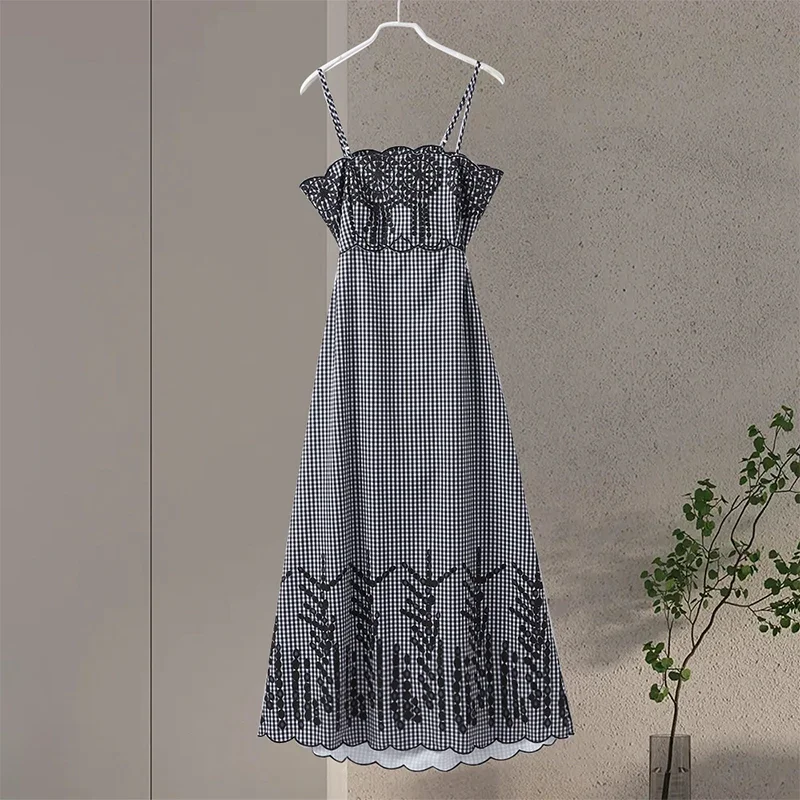 Vestido largo elegante con bordado calado para mujer, vestido largo sin mangas a cuadros, elegante, para primavera y verano, nuevo estilo urbano