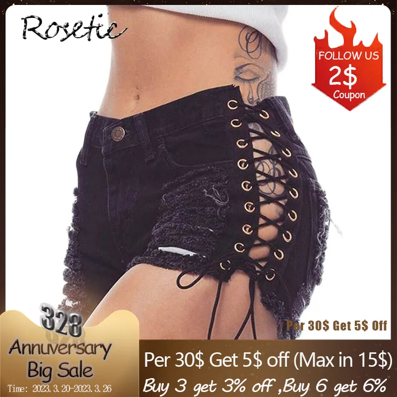 Rosetic Gothic Denim Shorts Bandage Black Hole Sexy Hot Fashion Summer Slim Ripped Jeans Short Pants Lacing Goth Casual Shorts