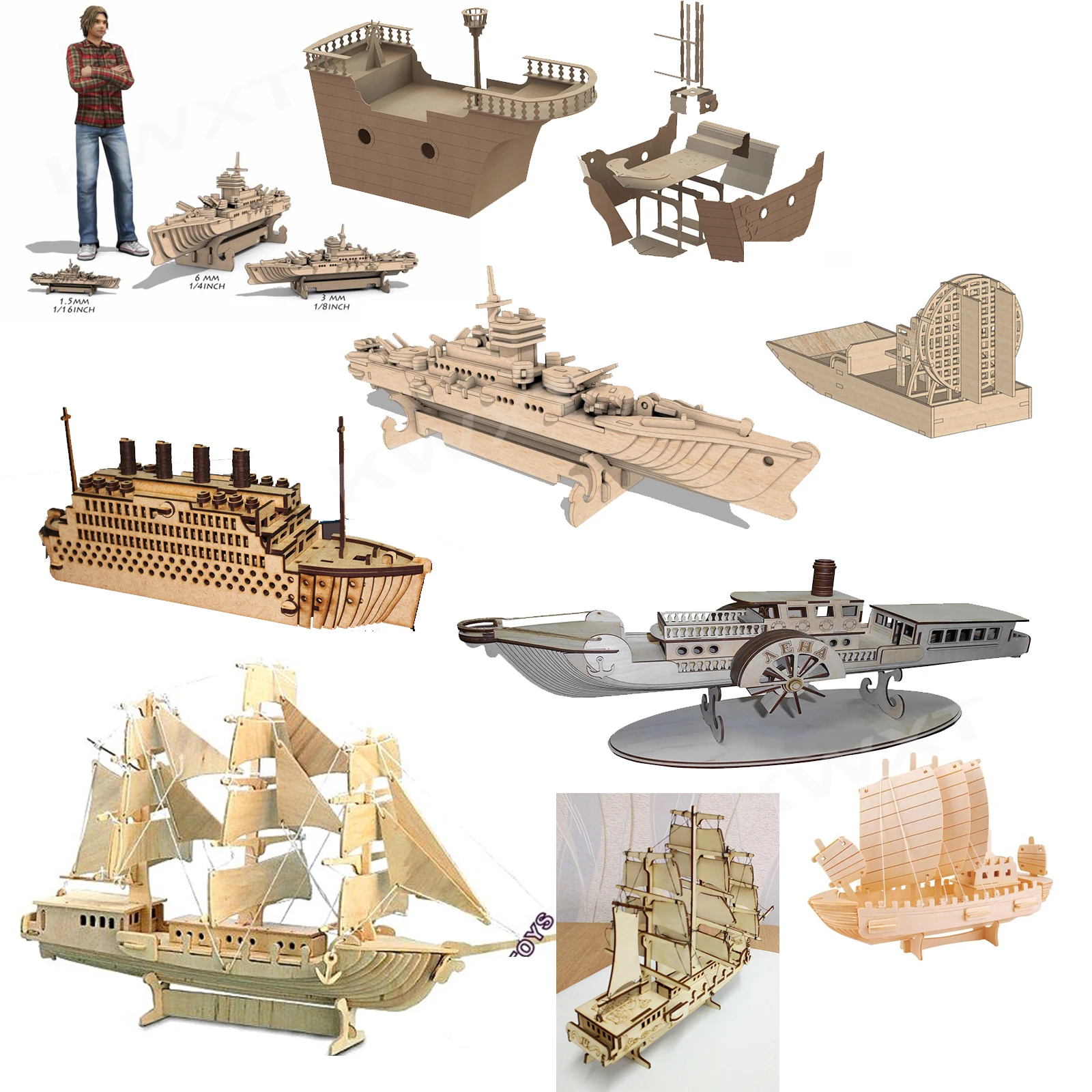 

10 Ship Boat Vector Designs Pack for Laser Cutting Toy 2D DXF Format Files Collection