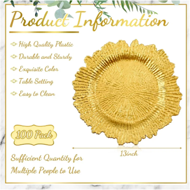 50Pcs Charger Plates, Round Gold Salad Reef Plate for Dinner Plates,Wedding,Party Elegant Decoration 5