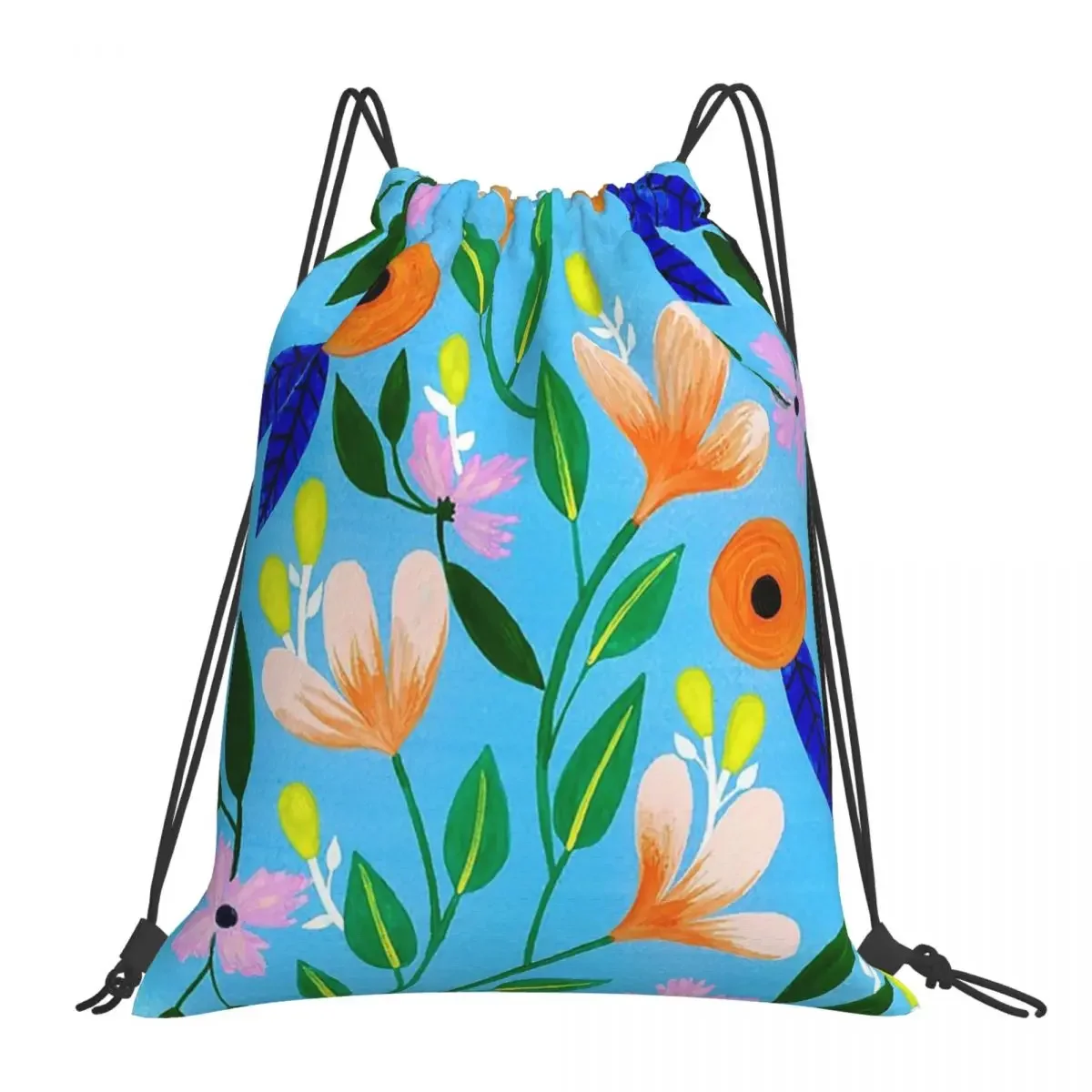 

Flowers On Blue Backpacks Casual Portable Drawstring Bags Drawstring Bundle Pocket Sports Bag BookBag For Man Woman Students