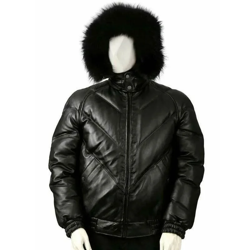 

Real Leather Winter Jacket Lambskin Hooded Mens Soft Polyester Lining Puffer Faux Fur