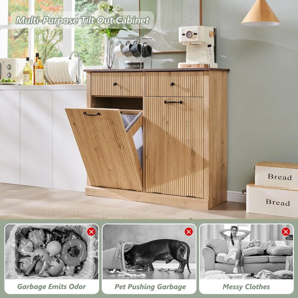 Modern Double Tilt-Out Trash Cabinet, 20 Gallon Fluted Laundry Hamper Cabinet with 2 Drawers, Wooden Hidden Garbage Can Cabinet 4