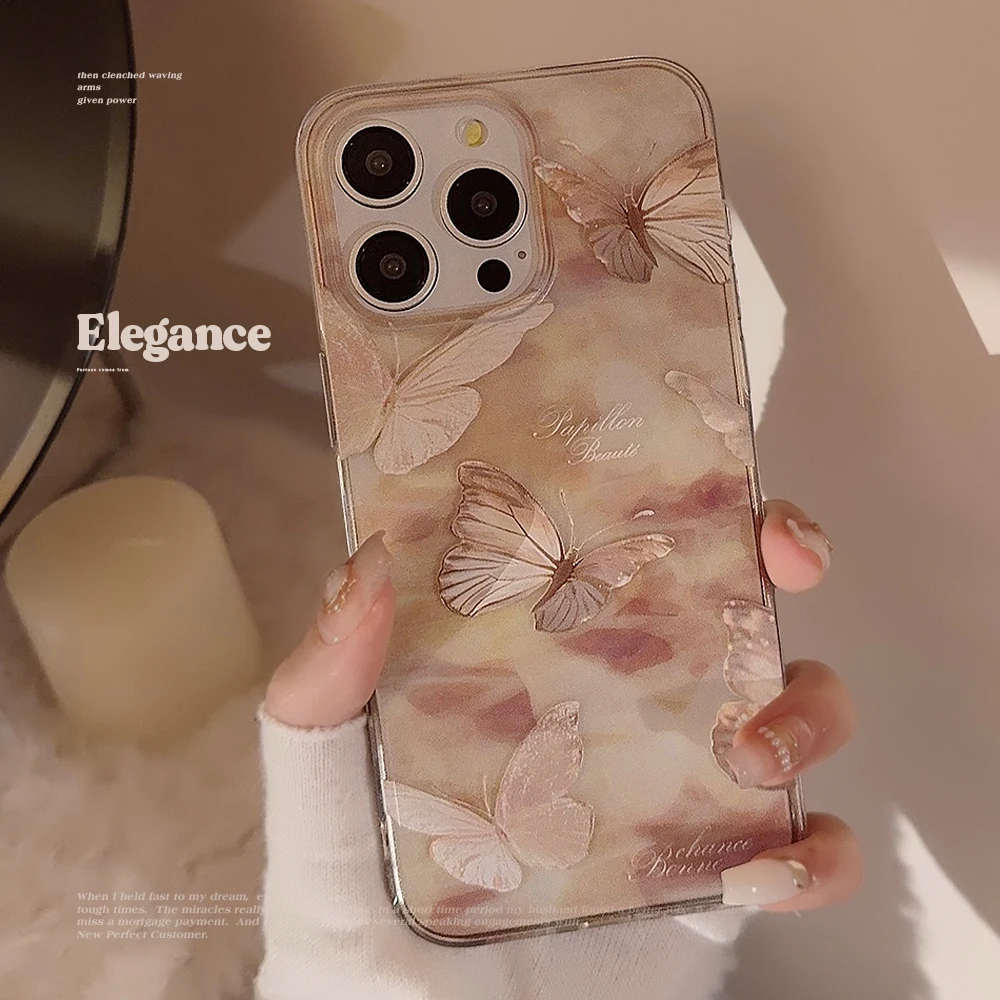 Ins Halo Staining Dream Golden Butterfly English Letter Clear Case for iPhone 15 14 13 Pro Max 12 Pro Plus 11 Cover
