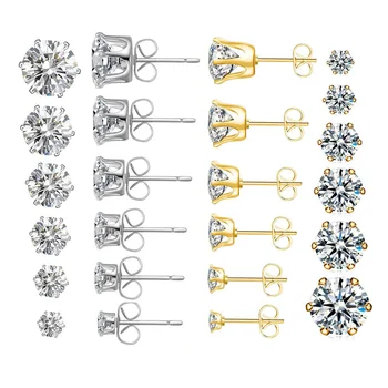 1 Pair Gold Sliver Color Stainless Steel Clear Cubic Zirconia Stud Earrings for Men Women Daily Wear Jewelry Sizes 3-8mm 1