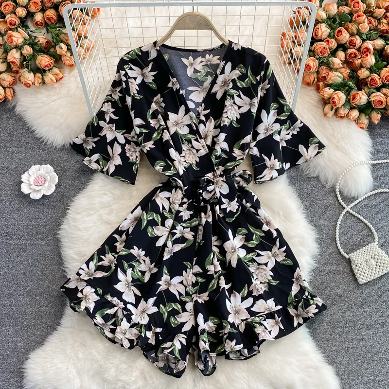 

Sweet V-neck Flare Sleeve Rompers High Waist Drawstring Pleated Lace Up Bow Print Casual Wide Leg Rompers 2021 New Summer