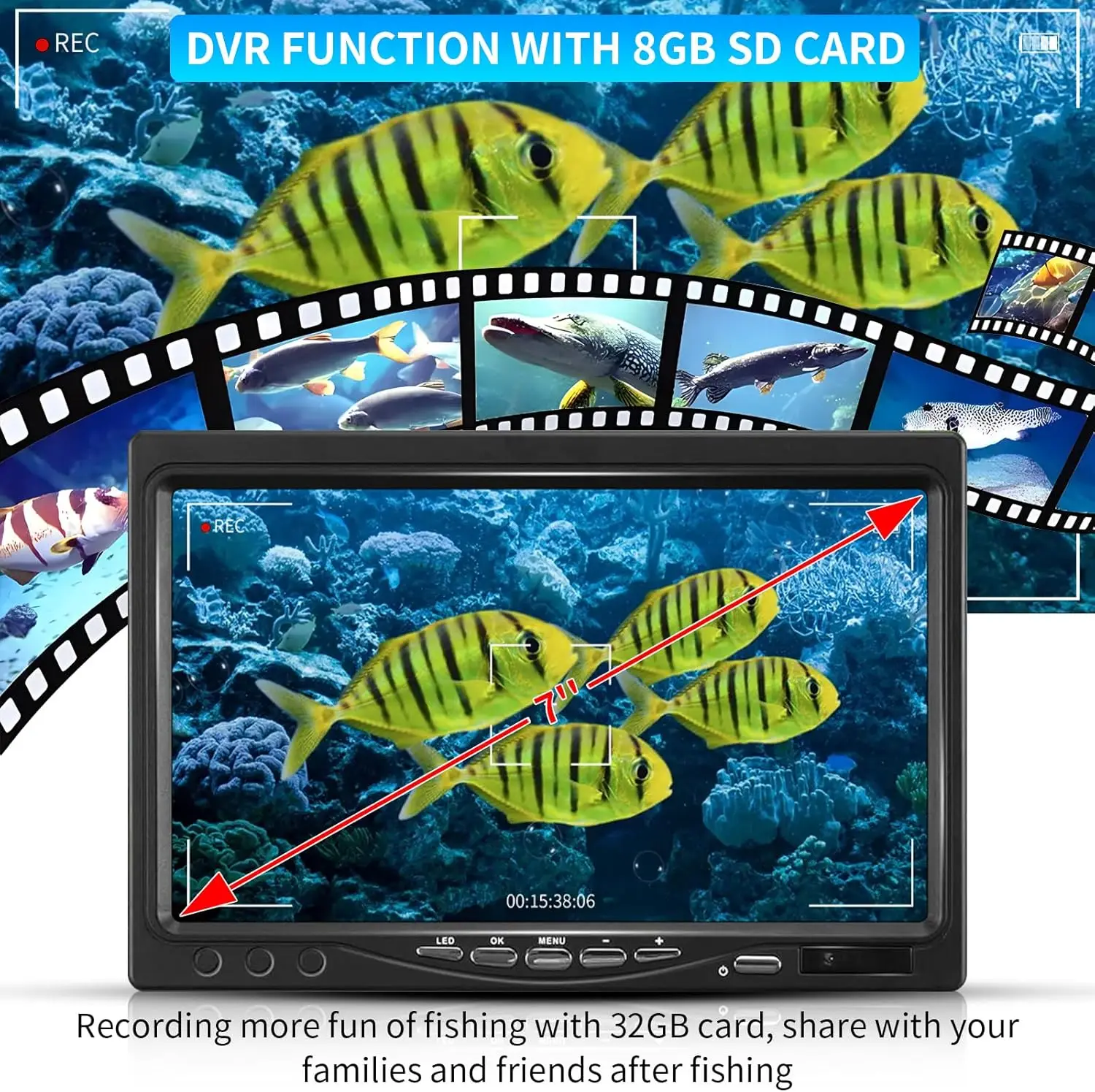 Fishing Camera, Portable DVR Video Fish Finder, Ice Fishing Camera with 7'' LCD Monitor, 1000TVL Waterproof Dep