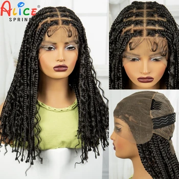 18" Full Lace Boho Braided Wigs with Curly Hair Synthetic Knotless Box Braided Lace Wigs with Baby Hair for Black Women
