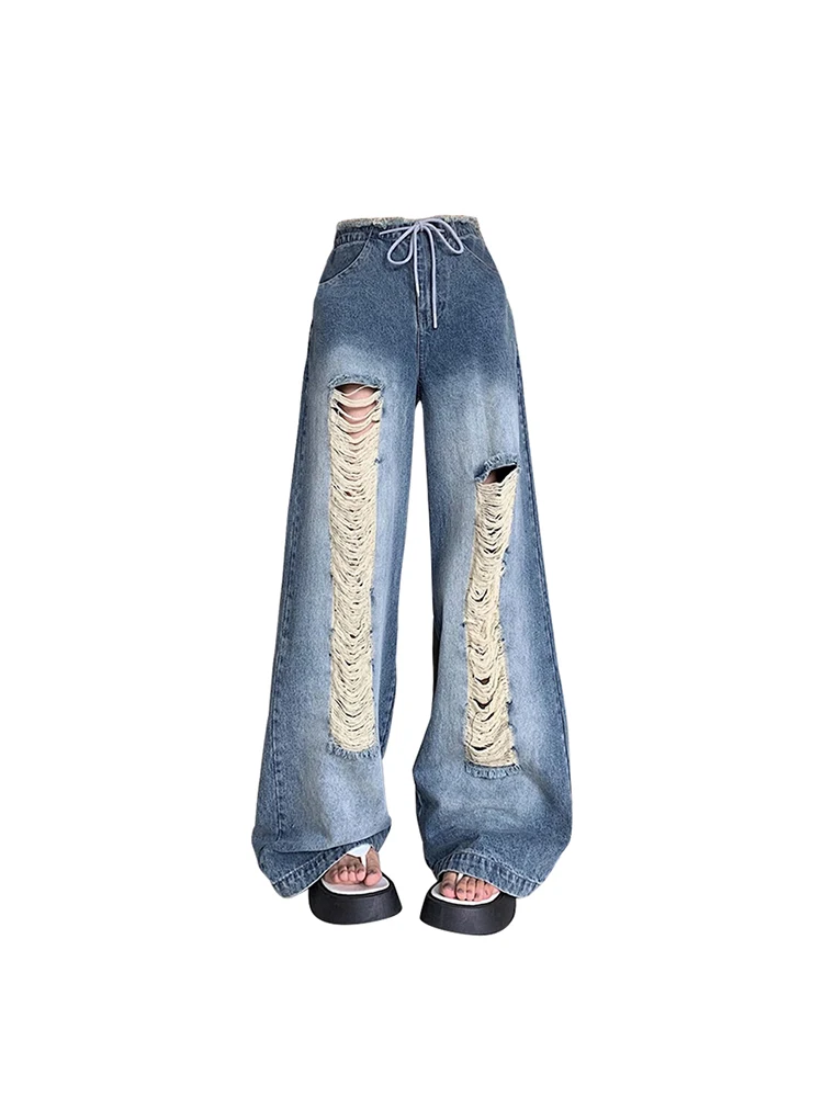 

Women Vintage High Waist Ripped Jeans 90s Y2k Wide Leg Denim Pants Korean Baggy Streetwear Oversize Blue Straight Trouser Summer