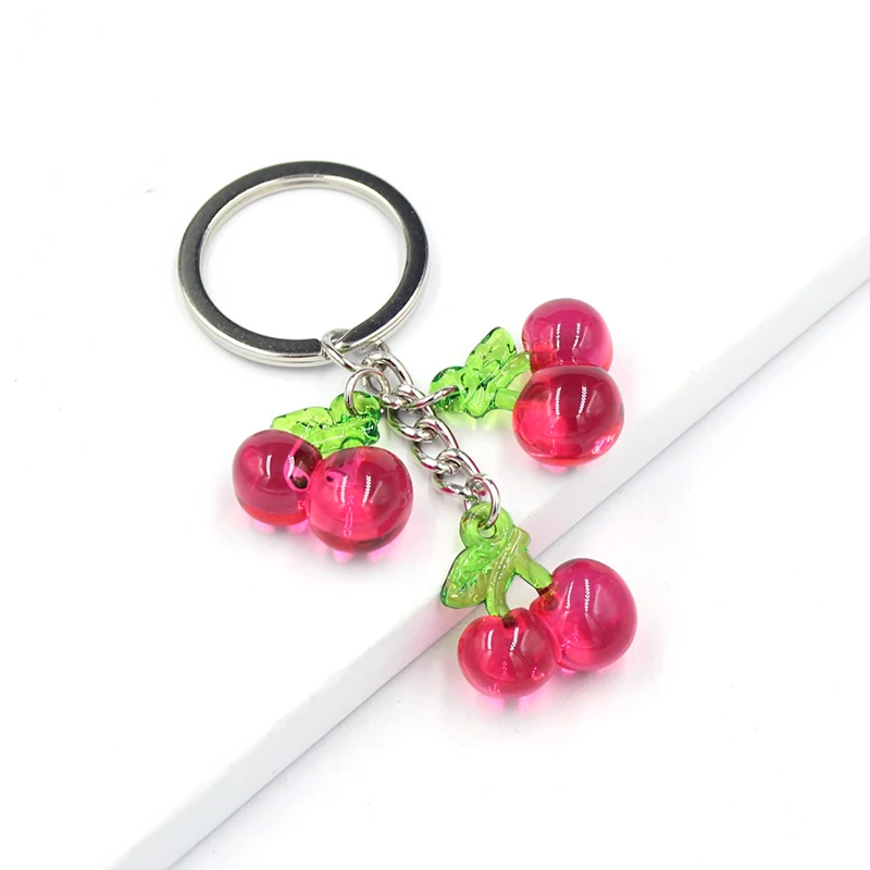 New Cute Fruit Keychain 3D Acrylic Cherry Peach Apple Strawberry Keyring Car Holder Bag Pendant Accessories Jewellery Gift Girl