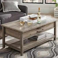 Modern Farmhouse Lift Top Coffee Table, lift-top surface, hidden storage, an open shelf for display, Rustic Gray/Rustic White 1