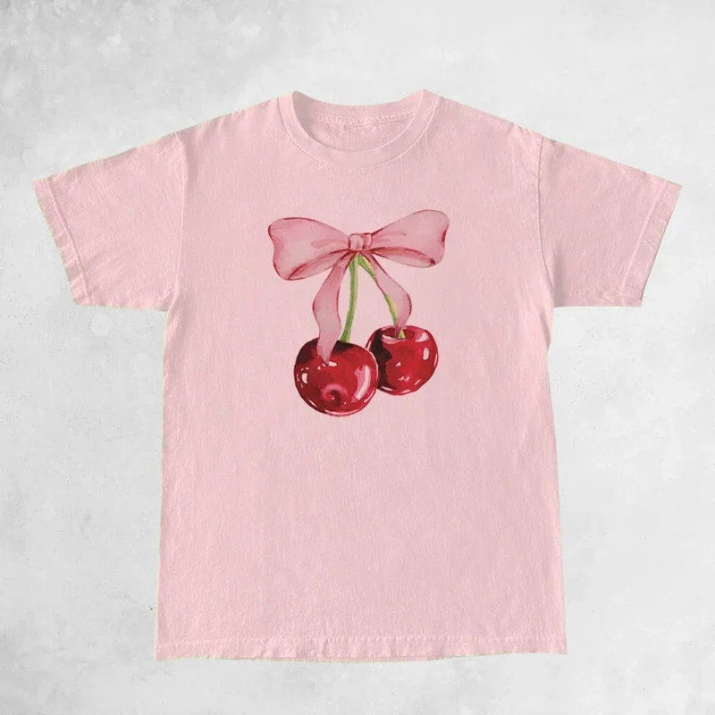 Cherry Bow Printed Vintage Women’s Tee – Trendy Cottagecore Aesthetic Short Sleeve Top