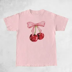Cherry Bow Printed Vintage Women’s Tee - Trendy Cottagecore Aesthetic Short Sleeve Top - XXL (Pink)