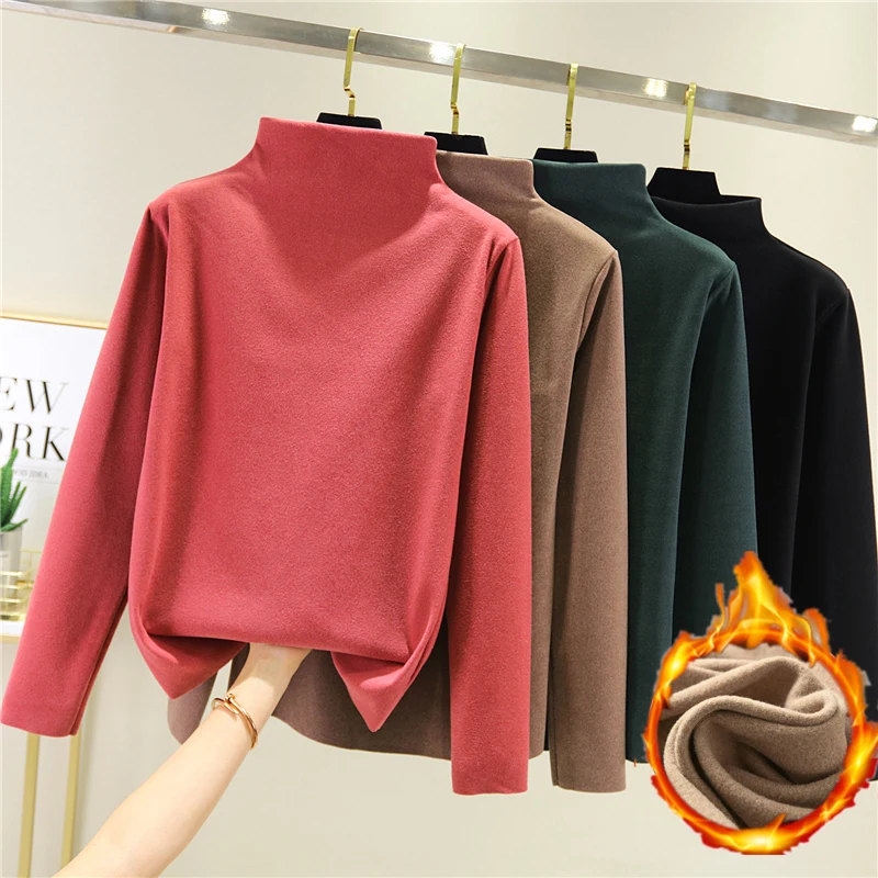 

Double-Sided Wear Half-Collar Shirt Female Autumn Winter Brushed Thick Bottom Shirt Warm Inner Velvet Long-Sleeved T shirt Tees