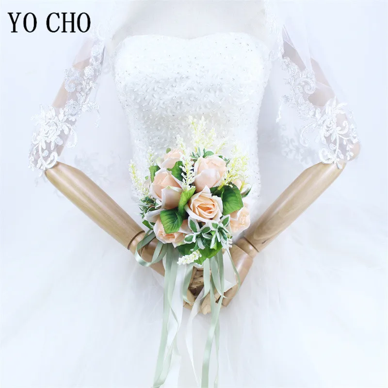 Bride Wedding Bouquet White Silk Rose Ribbon Fake Flower Bouquet