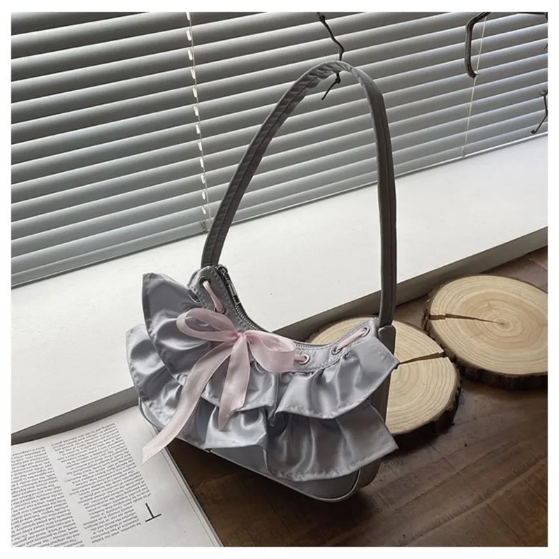 JIAERDI Sweet Ruffled Edge Bow Y2k Handbag Women Versatile Fairycore Aesthetic Shoulder Bags Ladies Retro Hobos Bag Aesthetic