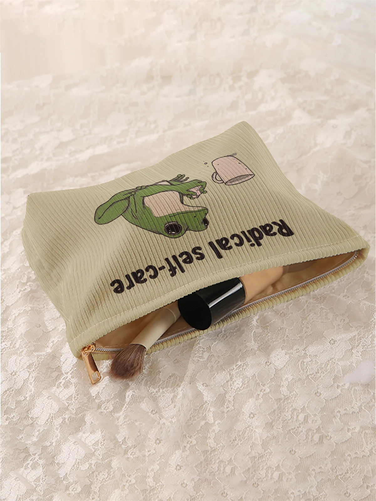 1pc frog pattern printed corduroy makeup bag, lightweight zipper makeup storage box, multifunctional bag with lining