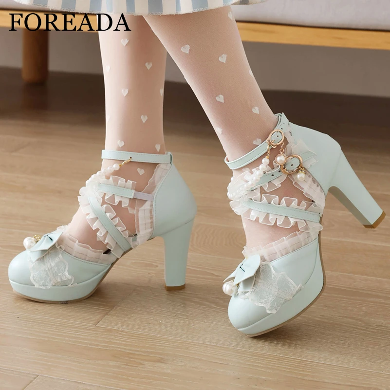 

FOREADA Ankle Strap Kawaii Lolita Pumps Round Toe Platform Thick High Heels Buckle Bow Bead Ladies Cosplay Shoes Spring Autumn