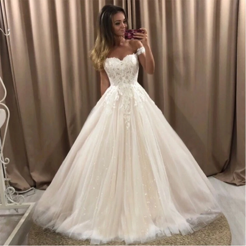 

ANGELSBRIDEP Off Shoulder Wedding Dresses Vestidos De Novia Ball Gowns Corset Back Long Lace Appliques Princess Bride Dresses