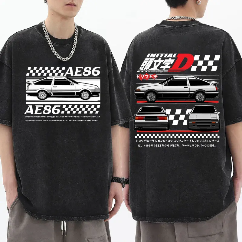 Anime Drift AE86 Initial D Washed T-shirt Short Sleeves R34 Skyline GTR JDM Manga Distressed Black T Shirts Men Women Streetwear