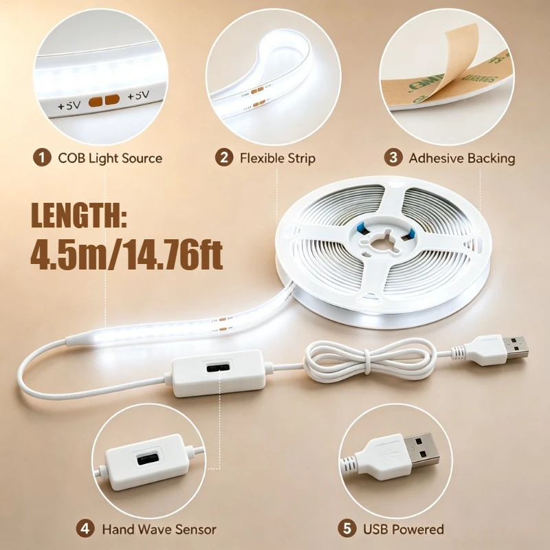 USB-Powered LED Strip Light with Motion Sensor - Touchless Control for Kitchen and Closet Lighting