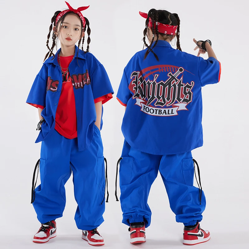 

Blue Hip Hop Costume Loose Short Sleeves Coat Pants Girls Boys Jazz Drum Performance Clothing Teenager HipHop Stage Wear BL10689
